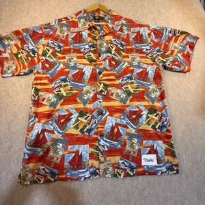 Junction West Men XL Nautical Sailboat Lighthouse Hawaiian Camp Shirt Orange Red